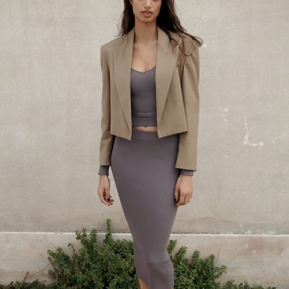 zara oversized cropped blazer taupe gray